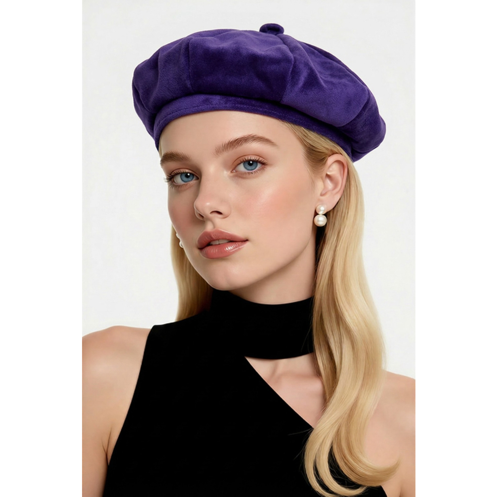 Vintage Hat Purple Suede Leather Beret Satin Lined 9" Rim Small - Medium